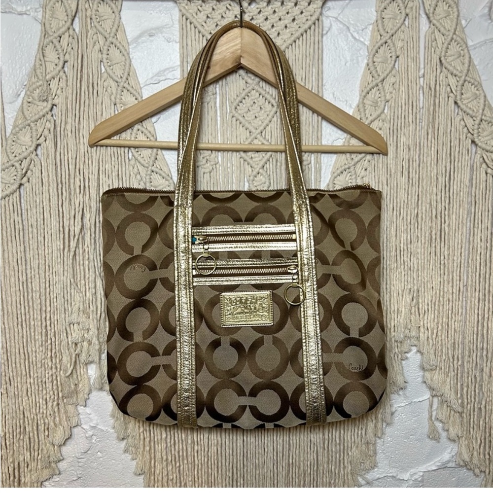 59 Authentic COACH Op Art Poppy tote bag canvas shoulder beige gold Style #13826